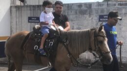 garotinho hospitalizado vai para a área externa do hospital andar a cavalo