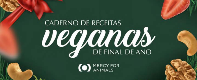 capa do e-book em verde escuro escrito "Cadernos de receitas veganas de final de ano" e a logo Marcy for Animals