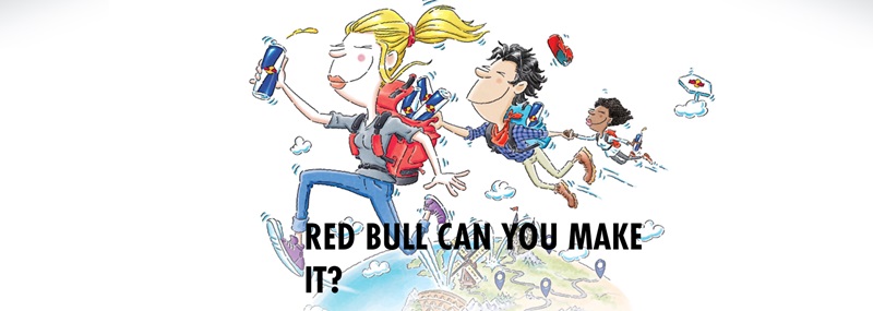 desenho de uma equipe com duas meninas e um menino 'voando' segurando latas de energético, e o titulo da competição "Red Bull You can Make it?"