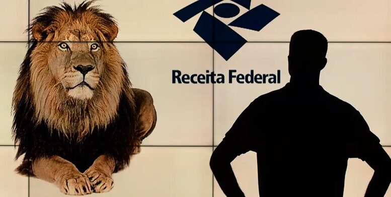 imagem da sombra de um homem de mãos an cintura à frente de um liminoso da receita federal com a imagem de um leão