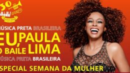 banner do show de Paula Lima, todo em tons de laranja e a cantora, sorrindo