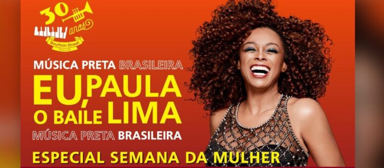 banner do show de Paula Lima, todo em tons de laranja e a cantora, sorrindo