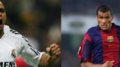 duas fotos lado a lado, a primeira do jogador Roberto Carlos com a camisa do Real, correndo e gritando e a segunda do jogador Rivaldo com a camisa do Barcelona, também correndo de olho na bola aéra. Ambos em close.