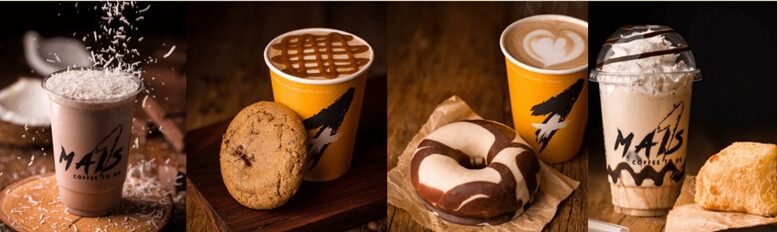colagem de 4 fotos de produtos da mais1.café, lado a lado. copos de café diferentes, cookies, donut e pão de queijo.