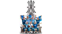 imagem de um sofá com três pessoas sentadas e quatro em pé atrás, os rostos foram trocados por fotos de ídolos do futebol. atrás deles há uma imagem da taça libertadores.