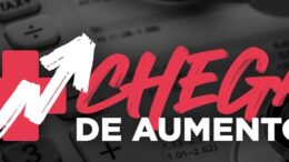 banner com a frase chega de aumento, escrito sobre um fundo de calculadora e com uma flecha brancar indicando subida