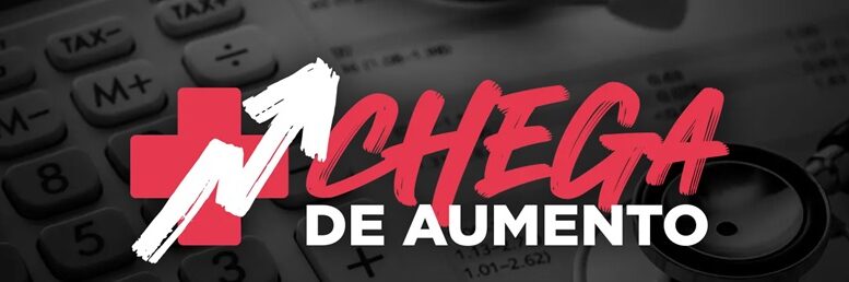 banner com a frase chega de aumento, escrito sobre um fundo de calculadora e com uma flecha brancar indicando subida