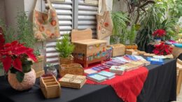 mesa dos artesãos da alterntiva no bazar com várias peças em madeira