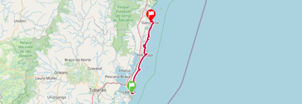 Mapa indicando em veremelho o trajeto completo do Desafio da Baleia, pela costa de Santa Catarina, saidno de Laguna e chegando a Garopaba
