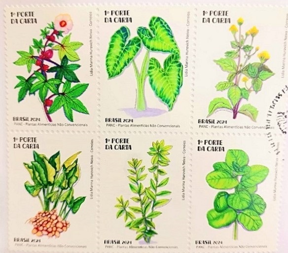 seis selos com estampa de plantas alimentícias não convencionais. 