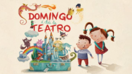 banner do projeto de teatro infantil do Market Place com o deenho de duas crianças ao lado de um castelinho e os dizeres Domingo é dia de Teatro