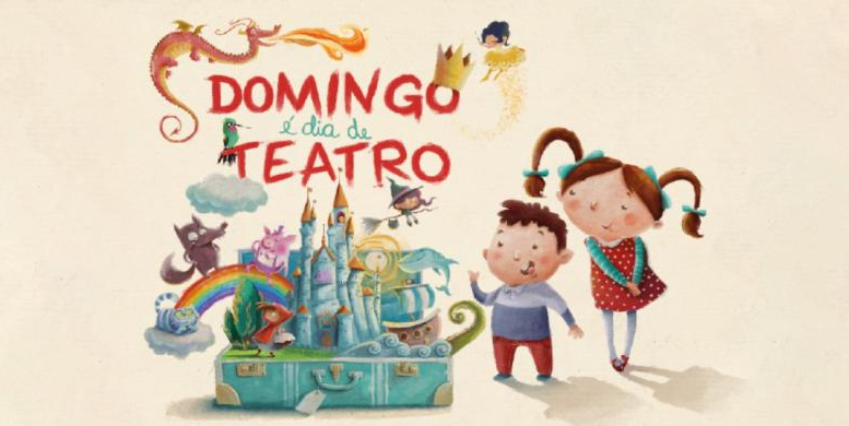 banner do projeto de teatro infantil do Market Place com o deenho de duas crianças ao lado de um castelinho e os dizeres Domingo é dia de Teatro