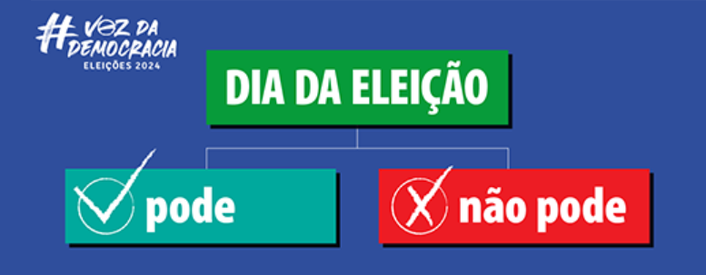 em fundo azul, caixinhas como de um organograna indicam: dia da eleição; pode; não pode. no canto esquerdo da #voz da democracia, eleições 2024.