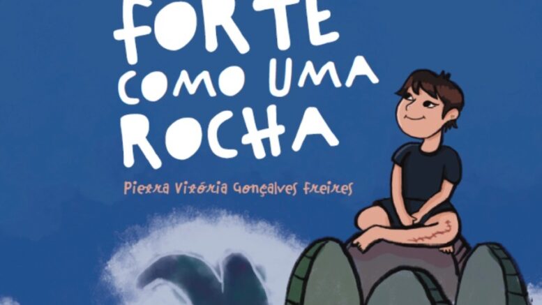 capa de livro com desenho de pedras a beira mar e uma menina sentada em cima, e o titulo forete como uma rocha