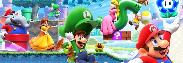 montagem com diversos personagens da saga super mario de video games