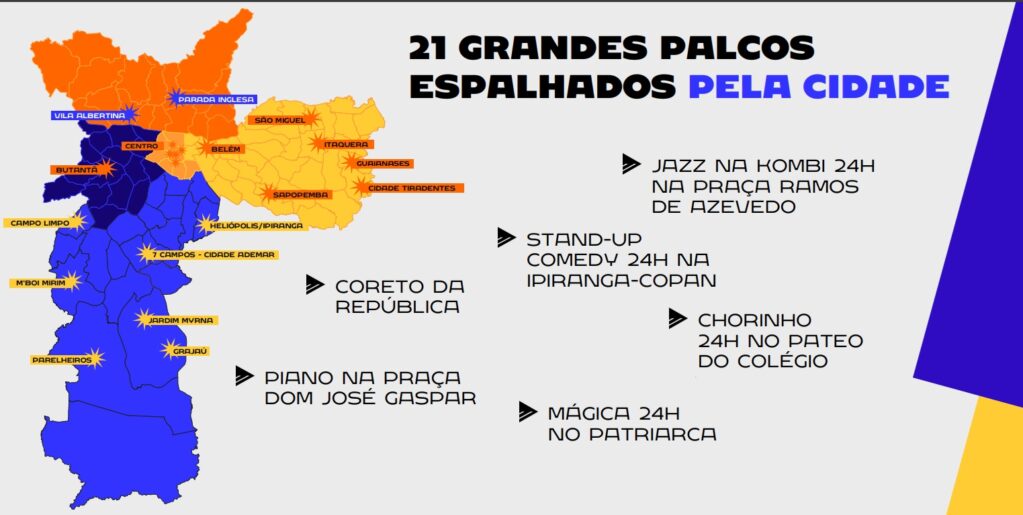 mapa com a localização aproximadas dos palcos da virada cultural, além de informaçoes sobre atrações extras no centro da cidade.