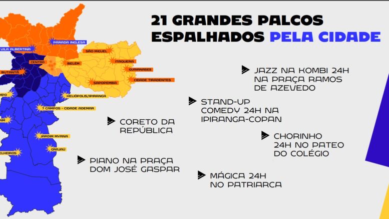 mapa com a localização aproximadas dos palcos da virada cultural, além de informaçoes sobre atrações extras no centro da cidade.
