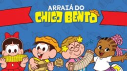 deenho de quatro personagens da turma do chico bento e o nome arraiá do chico bento.