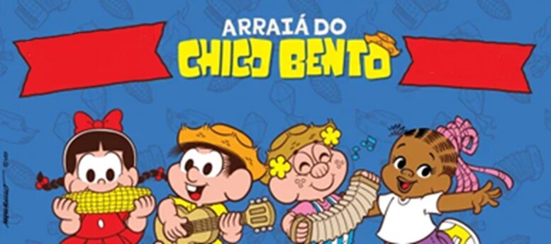 deenho de quatro personagens da turma do chico bento e o nome arraiá do chico bento.