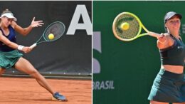 duas fotos lado a lado de tenistas jogando