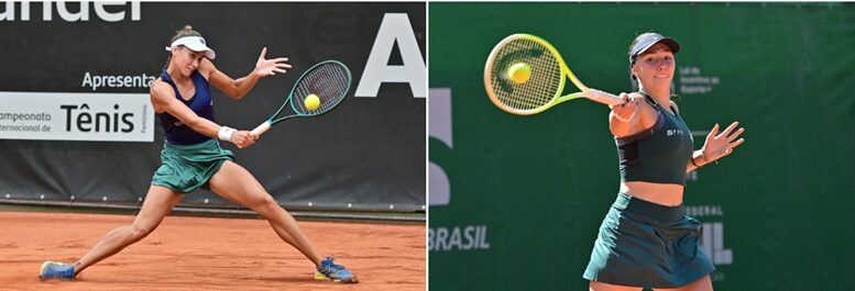 duas fotos lado a lado de tenistas jogando