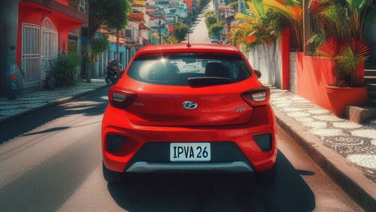 imagem produzida em inteligencia artificial de um carro vermelho em uma rua com algumas casas, e ao fundo um morro. A placa do carro que está de costas é IPVA26