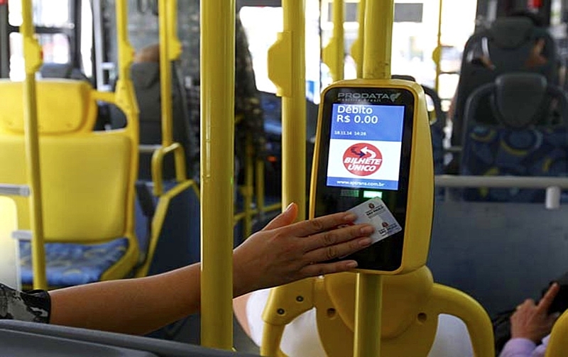 pessoa passando bilhete unico na catraca do Onibus