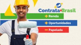 banner do programa, com um homem com capacete e um rolo de tinta na mão, e ao lado os dizeres contrata brasil, mais renda, mais oportunidades e menos papelada