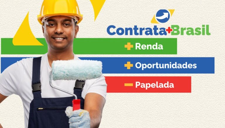 banner do programa, com um homem com capacete e um rolo de tinta na mão, e ao lado os dizeres contrata brasil, mais renda, mais oportunidades e menos papelada