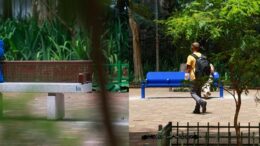 imagem de três protótipos de bancos finalistas colocados na praça com pessoas usando.