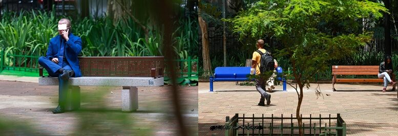 imagem de três protótipos de bancos finalistas colocados na praça com pessoas usando.