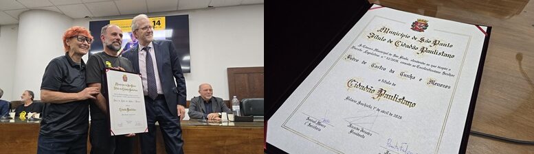 duas fotos lado a lado, a primeira com Renata Falzoni, Pedro Menezes e João Paulo Ribeiro Capobianco segurando o titulo e ao lado destque do titulo de cidaão paulistano