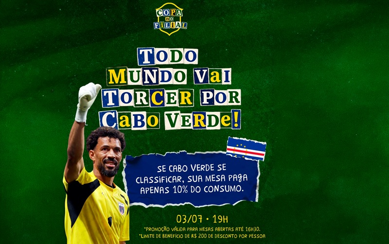 arte com os dizeres "Todo mundo vai torcer por Cabo Verde", a imagem do goleiro Vozinha e a descrição da promoção que dá mega desconto na conta, se os africanos vencerem a Argentina.