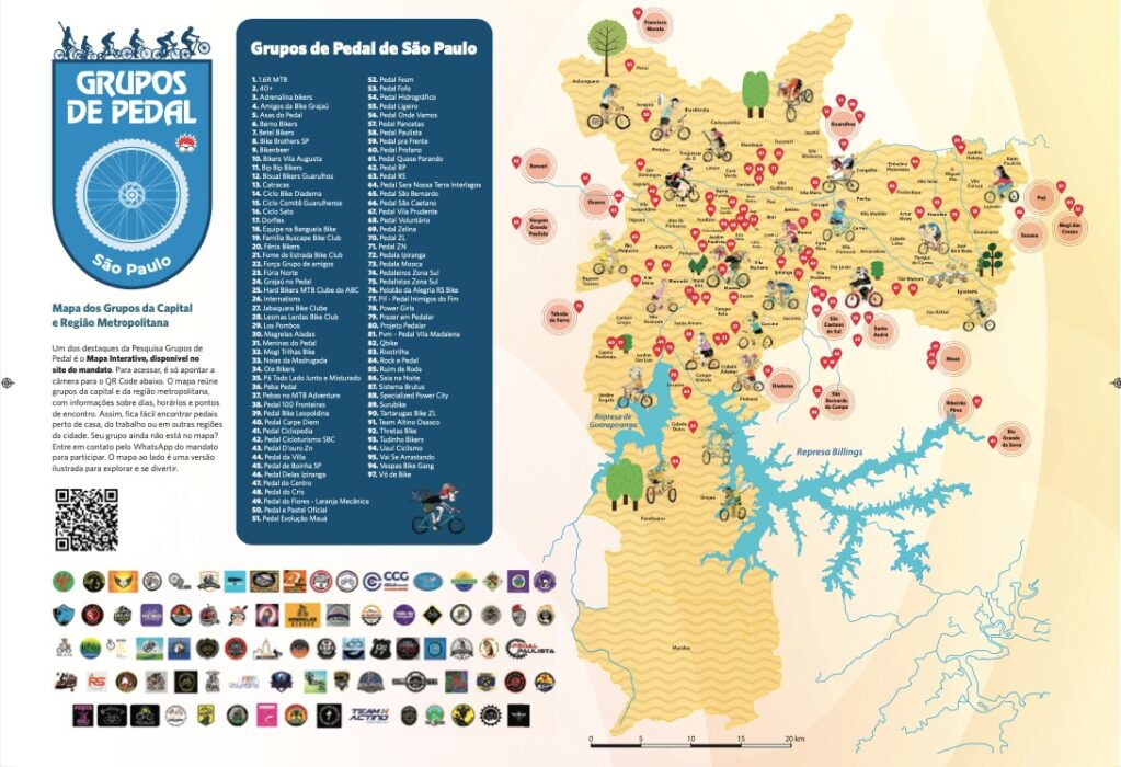 arte com um mapa de São Paulo e várias indicações de localizçaão os grupos com uma grande lista nomeando todos eles