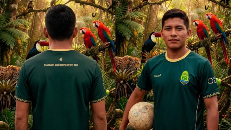 imagem de um indígena posando com uma bola e a camisa da seleção indígena