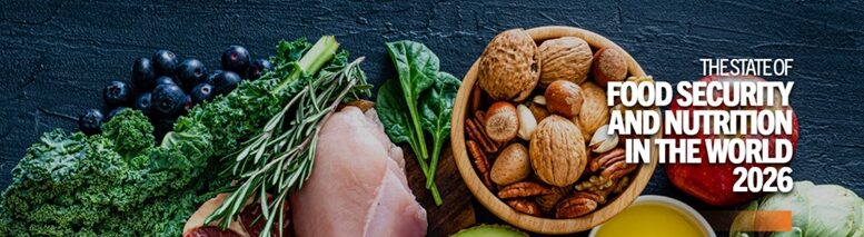 diversos alimentos entre carnes curas, verduras e castanhas, na capa do relatório da FAO