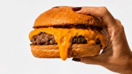 imagem de uma mão feminia segurando um amburguer de carne com queijo cheddar escorrendo na lateral