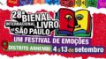 logo da 28ª Bienal do Livro, com desenhos pquenos variados e um livro aberto com um sorriso, em vermelho e amarelo.
