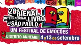 logo da 28ª Bienal do Livro, com desenhos pquenos variados e um livro aberto com um sorriso, em vermelho e amarelo.